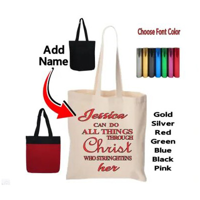 Custom tote bags with printed names in different colors