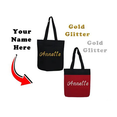 Custom tote bags with names printed in glitter