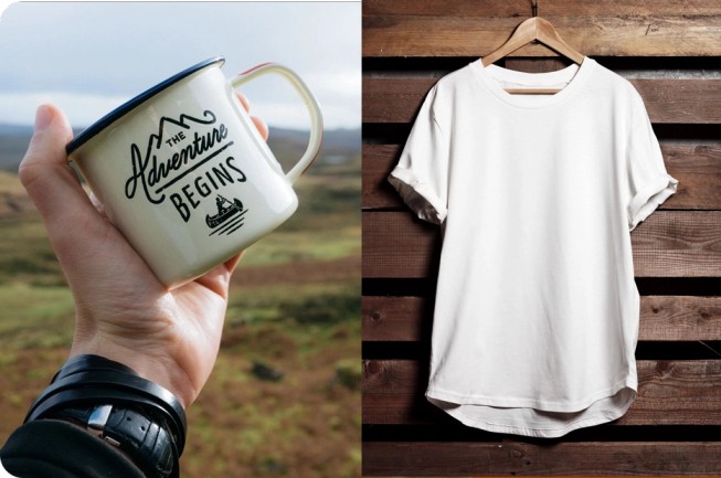 The Adventure Begins mug with a white t-shirt