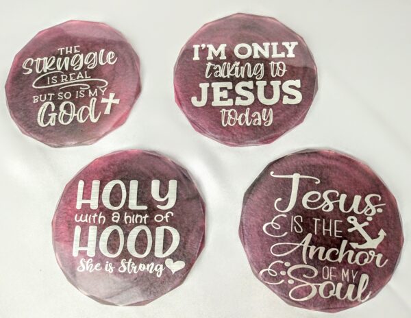 Coasters with religious text designs